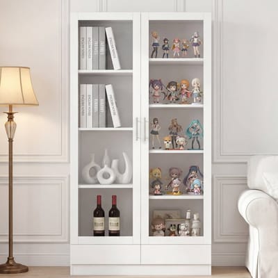 Sweiko Vitrinekast - Archiefkast - Glazen deuren - 2 lades - 80 × 40 × 160 cm - Wit