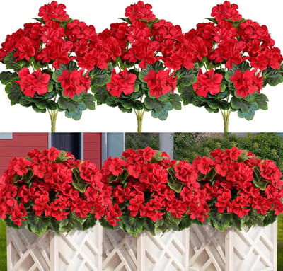 3 Stuks 18 Inch Rode Kunstgeraniums UV Bestendige Nepbloemen voor Buiten - Realistische Zijden Bloemen voor Tuin, Terras en Bruiloft Decoratie