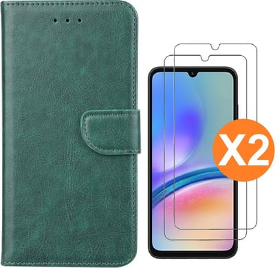 Hoesje geschikt voor Samsung Galaxy A05s bookcase Groen - Met screenprotector tempered glass Galaxy A05s - 2x