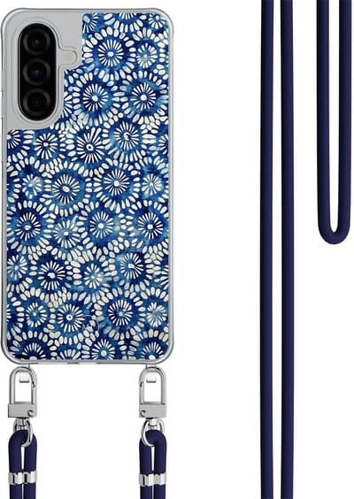 Hoesje met koord geschikt voor Samsung Galaxy A36 - Azure daisies - Inclusief Donkerblauw koord - Crossbody beschermhoes - Transparant, Blauw - Mooie Telefoonhoesjes