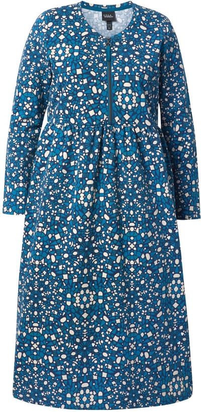 Ulla Popken - Dames - Midi-sweatjurk rits A-lijn ronde hals lange mouwen - Petrol - Maat 42+