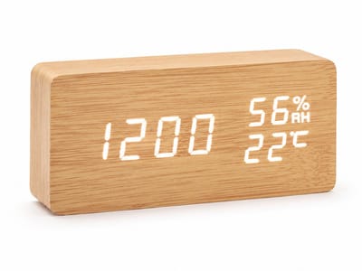 TIN-IN Digitale klok - Bureauklok - Wooden look - Licht hout + Witte cijfers met Temperatuur- en Luchtvochtigheidsmeter