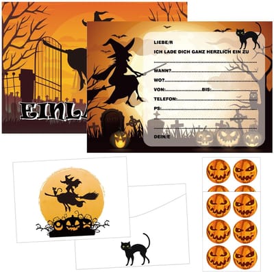 Dailygoods - Uitnodigingskaarten voor Halloween, 12 stuks, Halloween-feestaccessoires, Halloween-wenskaarten met enveloppen en Halloween-stickers, uitnodiging voor griezelfeest, kinderverjaardag (A)
