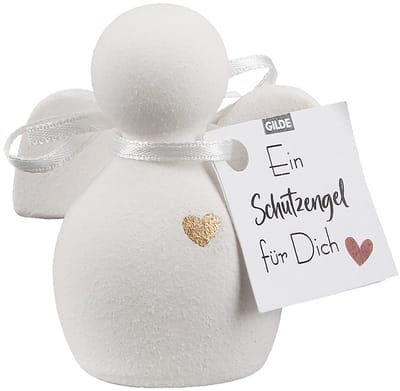 Beeld Klein Beschermengeltje in geschenkverpakking voor speciale momenten in het leven. van keramiek. afmeting 4x6x6 cm - zandkleur met gouden hartje - geschenk cadeau geschenkje