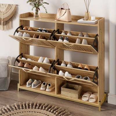 REDOM - Schoenenkast - Verticale lamellendeuren - 4 deuren met bovenplank - Metalen onderstel - Moderne stijl - Hal - MDF - Houtkleur - 108,5 x 24 x 100 cm