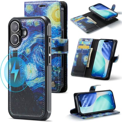 Casemania Hoesje Geschikt voor Apple iPhone 17 - De Sterrennacht Print - Van Gogh - Geschikt voor MagSafe - Kunstleer 2 in 1 Afneembare Bookcase - Magnetische Telefoonhoesje met Kunst Print en Pasjeshouder