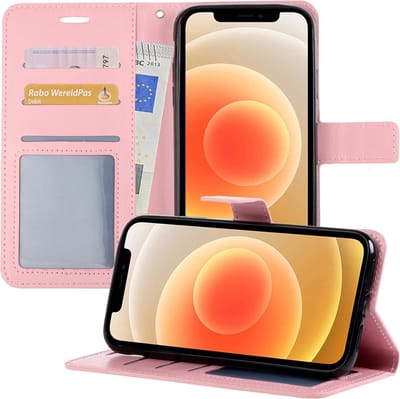 Hoesje - Met Pasjeshouder - Geschikt voor Apple iPhone 12 - Luxe Bookcase Portemonee - Flip Case - Kunstleer Book Case - Flipcase - Book Cover - Walletcase - Portemonneehoes - Telefoonhoesjes - Lichtroze
