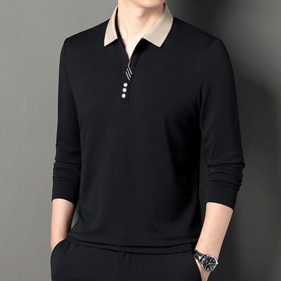 Herfst Nieuw Heren T-shirt met Lange Mouwen Middenleeftijd High-End Top Business Casual Heren Poloshirt met Revers XXXXL black