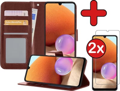 Hoesje - Met 2x Screenprotector - Geschikt voor Samsung Galaxy A32 4G - Luxe Pasjeshouder - Flip Case - Bookcase Portemonee - Kunstleer Book Case - Flipcase Hoes - Book Cover - Walletcase - Portemonneehoes - Telefoonhoes - Bruin