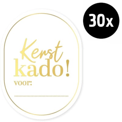 30x Sticker Kerst Kado! voor: .... - Goudfolie - Sluitsticker - Sluitzegel - Feeststicker Presentje - Enveloppe - Cadeau - Gift - Cadeauzakje - Traktatie - Leuk inpakken - Sticker - 38x63mm - 30 Stuks