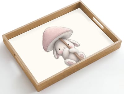 Dienblad hout 50x35 cm - Schootdienblad - Paddenstoel - Konijn - Roze - Borrelplank rechthoek - Plateau dienbladen