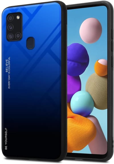 Cadorabo Hoesje geschikt voor Samsung Galaxy A21s in BLAUW - ZWART - Tweekleurige beschermhoes van TPU-silicone Case Cover en achterzijde van gehard glas
