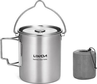 Campingpot Roestvrij staal Titanium Bekermok 750ml met opvouwbare handgrepen en deksel Outdoor Beker Servies voor Kamperen Wandelen Koken Picknick