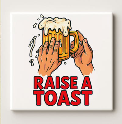 Raise a Toast Keramische Tegel 15x15 cm – Proost Bierpul Ontwerp – Leuke Bar Wanddecoratie & Perfect Cadeau voor Bierliefhebbers