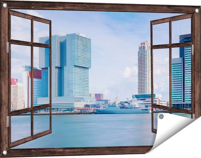 Gards Tuinposter Doorkijk Rotterdamse Skyline aan het Water - 90x60 cm - Tuindoek - Tuindecoratie - Wanddecoratie buiten - Tuinschilderij