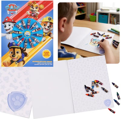 Paw Patrol Creatieve kleur- en schrijfset voor kinderen, notitieboekje + 12 mini-waskrijtjes