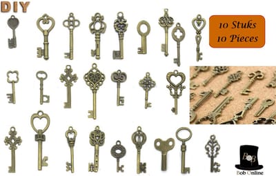 Bob Online ™ - 10 Stuks – Medium - Gemengde Ontwerpen – Vintage Sleutels – Vintage Decoratie Sleutels – Diverse Medium Oude Sleutels – Antieke Sleutels Zink Legering – Sleutel Charms – Doe-het-zelf Antieke Sleutels – Medium Vintage Keys – Antique Key
