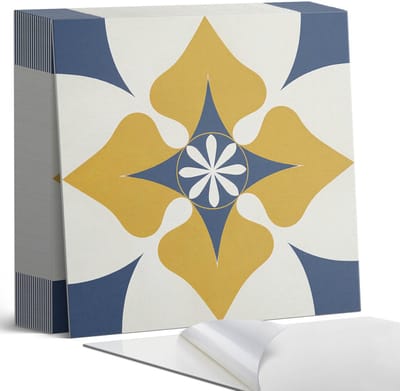 Coloray Plaktegels - Bloemenpatroon met symmetrie Zelfklevende Tegels - 20 cm x 20 cm - Geel Plaktegels - 20 stuks - Vierkant PVC Tegels - Plaktegels Badkamer - Plaktegels Vloer - Vinyl Tegels Zelfklevend - Wandtegel Zelfklevend
