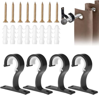Set van 4 Robuuste Aluminium Gordijnroede Beugels, 25 - 28 mm, Zwart, Inclusief Dowel Schroeven en Wandankers voor Muur- of Plafondmontage