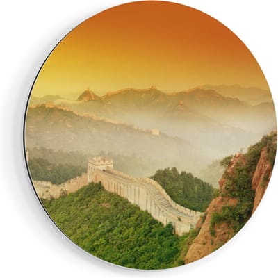 Artaza Dibond Muurcirkel Chinese Muur bij Zonsopgang - Ø 40 cm - Klein - Wandcirkel - Rond Schilderij - Voor Binnen en Buiten