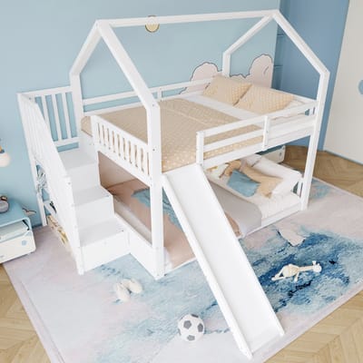 STILVORA Stapelbed 140x200 cm – Huisbed Zonder Matras met glijbaan & Opbergtrap – Veilig Leuningen, Ruimtebesparend – Grenenhout+MDF – Wit