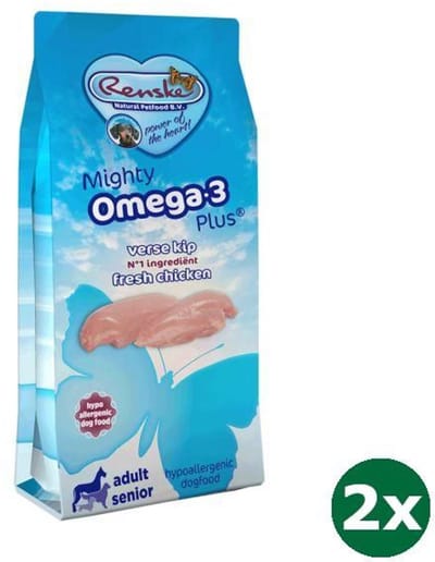 2x6,5 kg Renske mighty omega plus adult/senior kip/rijst hondenvoer