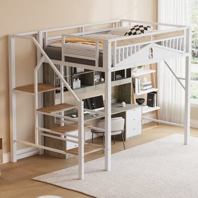 MODENUIT Hoogslaper 140x200 cm – Veiligheidsladder en raamvormig hek – Ruimte onder bed – Metaal en hout – Zonder matras – Wit