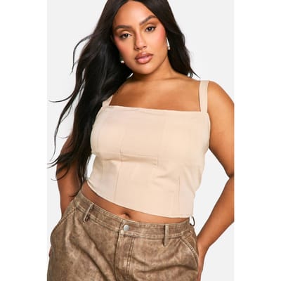 boohoo Dames Plus Corset met vierkante halslijn en naaddetails | Light Stone | Maat: 46