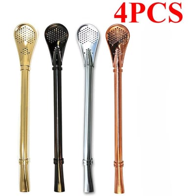 Lot de 4 cuillères à paille en acier inoxydable 304 intégrées à double usage pour mélanger le jus et le café, cuillère à thé en forme de fleur, cuillère à filtre à thé réutilisable