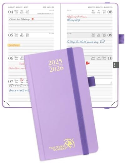 Agenda Pocket 2025-2026 - Weekplanner met Urenindeling, 17 Maanden, Hard Cover, 16.5 x 9 cm, Paarse Kleur