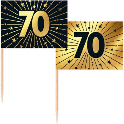 50 Vlagprikkers goud / zwart 70 jaar - Golden Celebrations - Hapjes Cocktailprikkers Tapas Prikkers Feestje