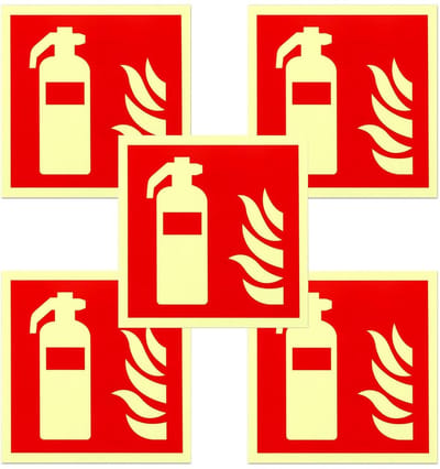 Dailygoods- Brandblusserbord 5 Stuks - Zelfklevend - PVC - Oplichtend - 15 x 15 cm - Voor Thuis/Kantoor/Bouwplaats/Auto - Brandblusserstickers