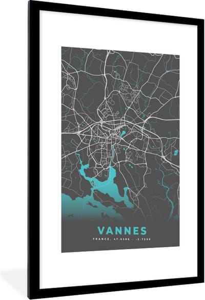 Fotolijst incl. Poster - Plattegrond - Kaart - Stadskaart - Vannes - Frankrijk - 60x90 cm - Posterlijst