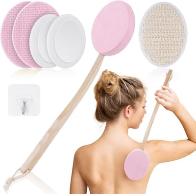 Famanu – Rugcrème applicator en lichaamsborstel set met lange handgreep en meerdere verwisselbare pads