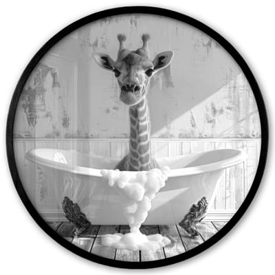 Poster in lijst Rond - Fotolijst 40x40 cm - Posters - Giraffe - Dier - Badkuip - Vintage - Zwart - Wit - Ronde posterlijst zwart - Decoratie - Wanddecoratie woonkamer - Muurdecoratie slaapkamer