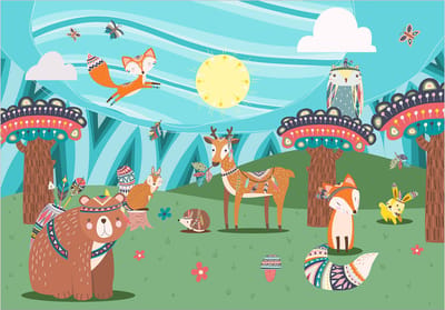 Fotobehangkoning - Behang - Vliesbehang - Fotobehang Avontuur van de Bosdieren - Adventures in the Woods - 150 x 105 cm