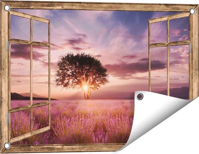 Gards Tuinposter Doorkijk Bloemenveld met Lavendel bij Zonsondergang - 60x40 cm - Tuindoek - Tuindecoratie - Wanddecoratie buiten - Tuinschilderij