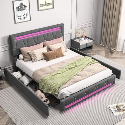 Gestoffeerd bed met ledverlichting en 4 opberglades, tweepersoonsbed 160x200 cm met lattenbodem, modern hydraulisch bed, kinderbed, grijze linnen stof, zonder matras
