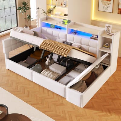 Slaapbank 140x200 cm - met opbergruimte en LED-verlichting - USB- en Type-C-aansluitingen - opbergpoef - zonder matras - wit