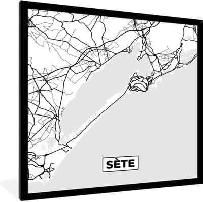Fotolijst incl. Poster Zwart Wit- Plattegrond – Kaart – Sète - Frankrijk – Stadskaart - Zwart wit - 40x40 cm - Posterlijst