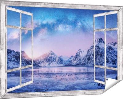 Gards Tuinposter Doorkijk Melkweg bij de Besneeuwde bergen - 150x100 cm - Tuindoek - Tuindecoratie - Wanddecoratie buiten - Tuinschilderij