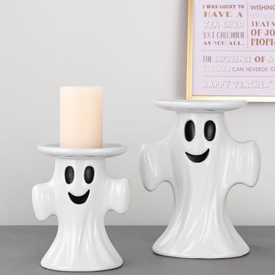 2x Keramische Spook Kaarsenhouder Set - Decoratieve Halloween Kandelaar voor Tafellampen