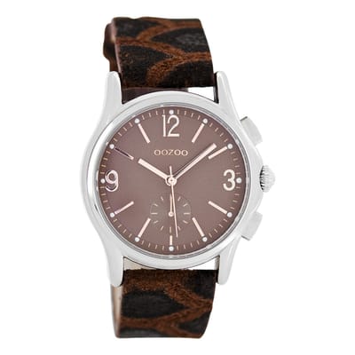 OOZOO Timepieces - Zilverkleurige horloge met bruine leren band - C7229