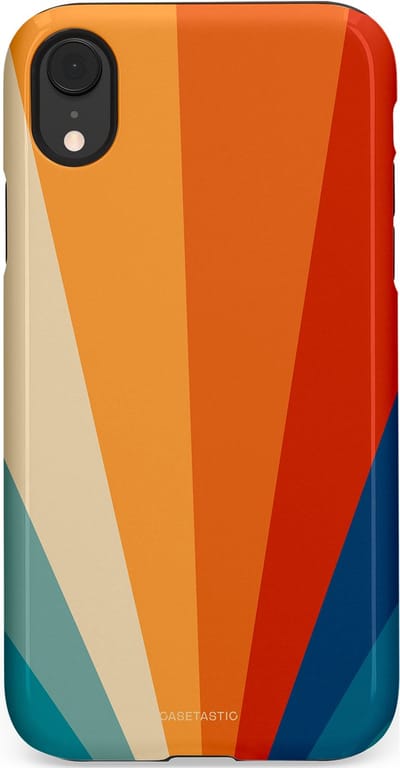 Casetastic hoesje geschikt voor Apple iPhone XR - Dubbellaagse bescherming - Retro straal - Fashion Case - Oranje Okergeel Petrol Rood