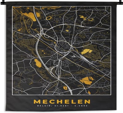 Wandkleed - Wanddoek - Stadskaart - Mechelen - Goud - Plattegrond - Kaart - 180x180 cm - Wandtapijt