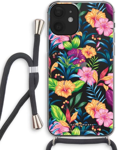 Case Company® - Hoesje met koord geschikt voor iPhone 12 mini hoesje met Koord - Tropisch 2 - Telefoonhoesje met Zwart Koord - Bescherming aan alle Kanten en Over de Schermrand