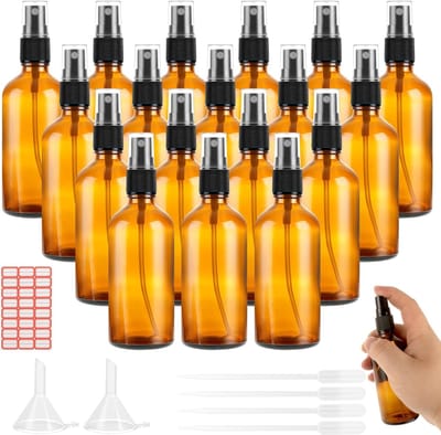 Set van 18 bruine glazen spuitflessen van 100 ml met etiketten voor etherische oliën, plantenverzorging en schoonmaakdoeleinden
