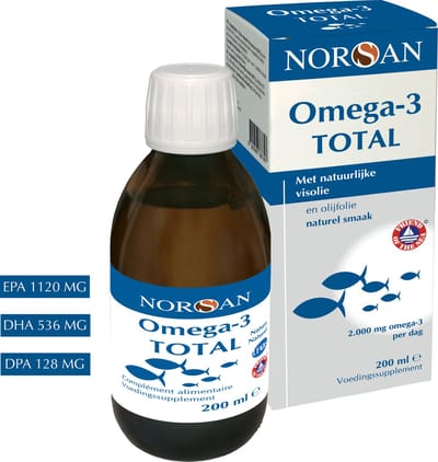 NORSAN | OMEGA-3 TOTAL VISOLIE NATURAL | 2000 MG | EPA 1120 MG | DHA 536 MG | DPA 128 MG | VITAMINE D EN E | PUUR EN ZUIVER | 200 ML