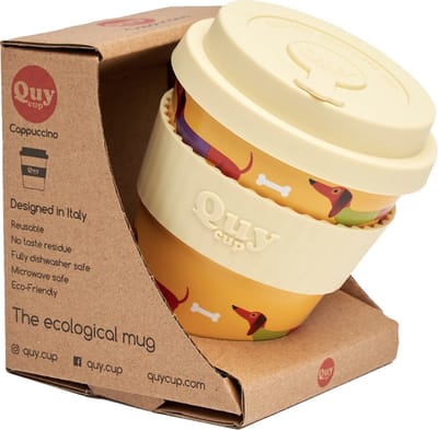 Quy Cup 230ml Ecologische Reis Beker - "Pedro" - BPA Vrij - Gemaakt van Gerecyclede Pet Flessen met Gele Siliconen deksel