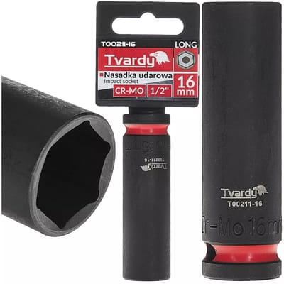 Tvardy slagdop lang zeskant 16 mm - chroom-molybdeen staal - 12,5 mm vierkant - zwart - voor slagmoersleutel, diepe nissen en auto- en industrieel gebruik